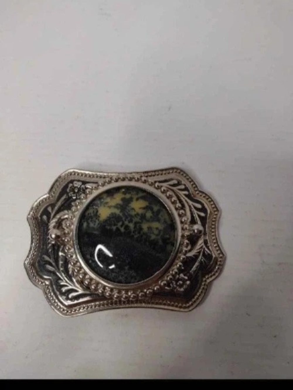 Vintage-Style Silver Tone Brooch with Black and Yellow Stone